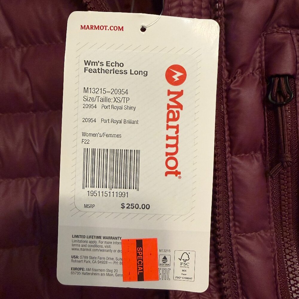 NWT *Marmot* Echo Featherless Hooded Parka  | "Port Royal Shiny" Burgundy | XS - Picture 9 of 9